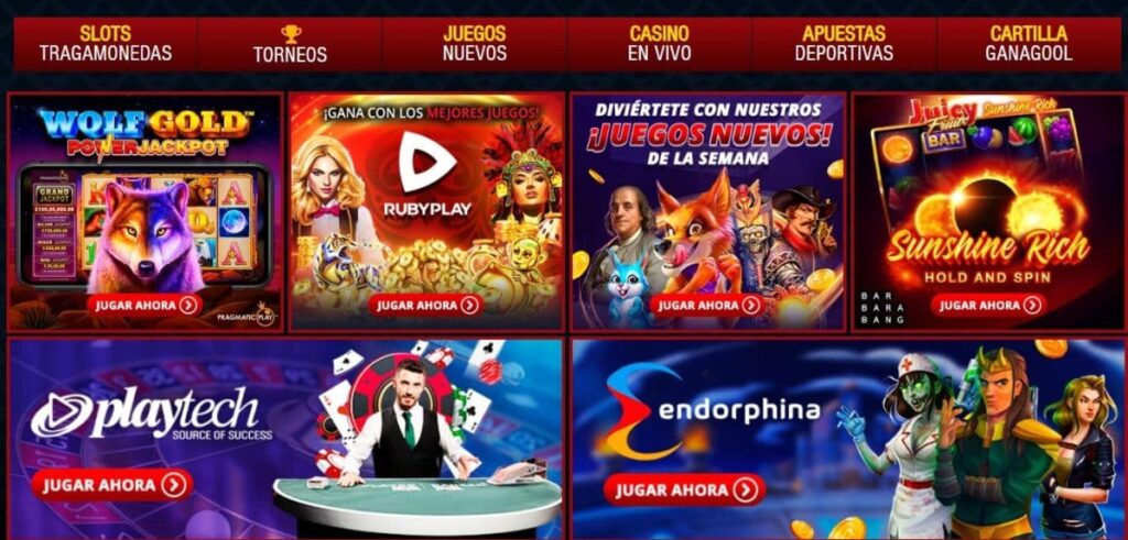 Pantalla de WinChile con tragamonedas y proveedores destacados como Wolf Gold Power Jackpot de Pragmatic Play, RubyPlay, Sunshine Rich Hold and Spin, Playtech y Endorphina, junto a juegos nuevos de la semana con temática del oeste y animales.